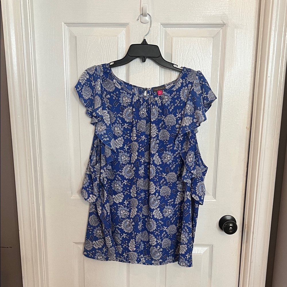 Vince Camuto Blue Floral Ruffle Blouse
